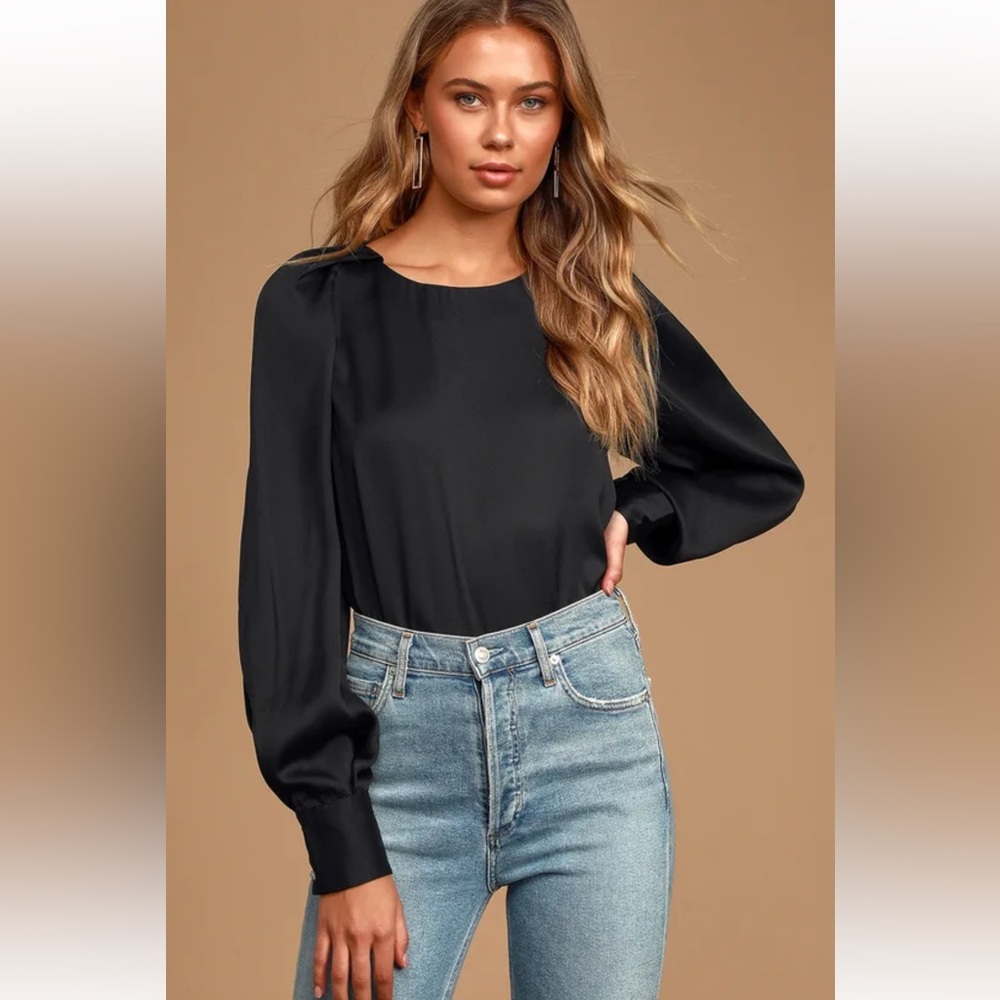 NWT - Lulus- Feeling is Mutual Black Satin Long Sleeve Top - Size XS